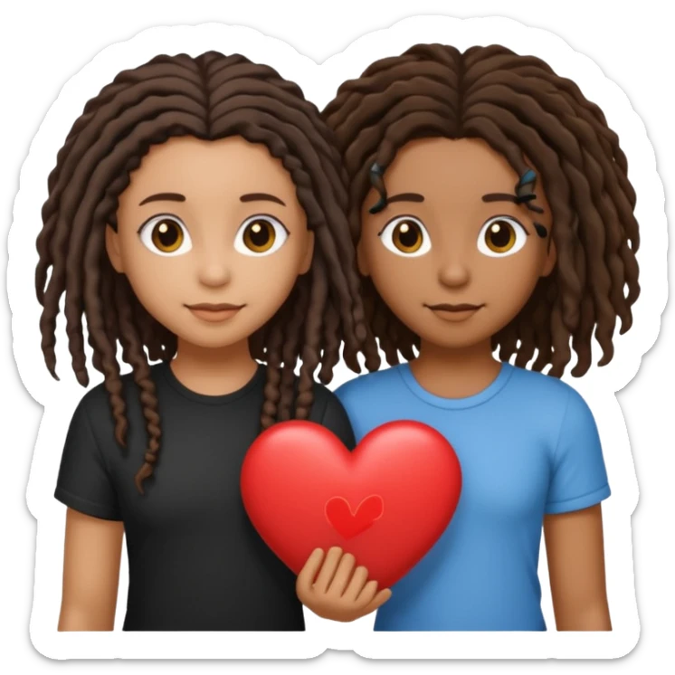 2 gay girls one with tan skin and curly dark brown hair and another with brown skin and black shoulder length dreads standing together with a heart  sticker