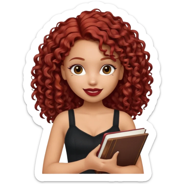 generate a pretty bratz girl curly dark red hair, brown lipstick on, smiling. Book in hand, wearing a black cami top. sticker