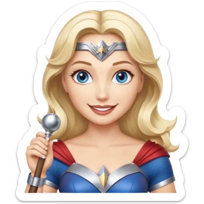 Blonde blue eyes Wonder Woman holding bell and short white orchestra conductor’s baton  sticker
