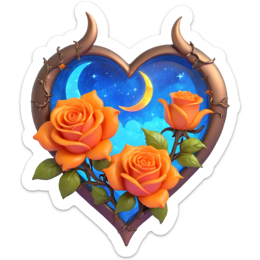 gothic heart made of bronze glass, silver crescent moon, glowing orange roses, holographic stardust, neon yellow lightning, wet and cracked glass sticker