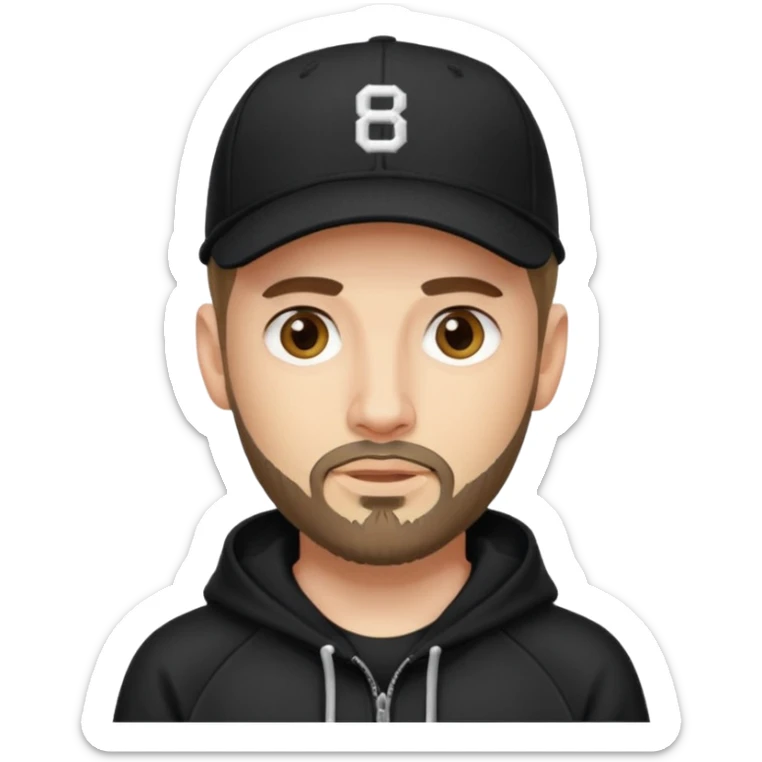 Hombre de ojos claros, con barba fina y perilla, gorra negra de baseball bordada con un 8, y sudadera negra sticker