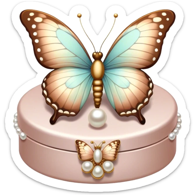 A pastel brown and mocha-colored butterfly resting on a pearl-adorned trinket box.
 sticker