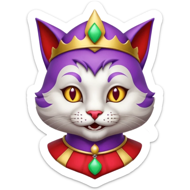 crazy colorful cute little cat jolly joker from poker, medieval, vintage, court jester, mac os icon, purple and red color, chromed inserts, half body sticker