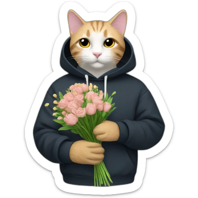Cat in blach sweatshirt adidas holding bouquet of flowers sticker
