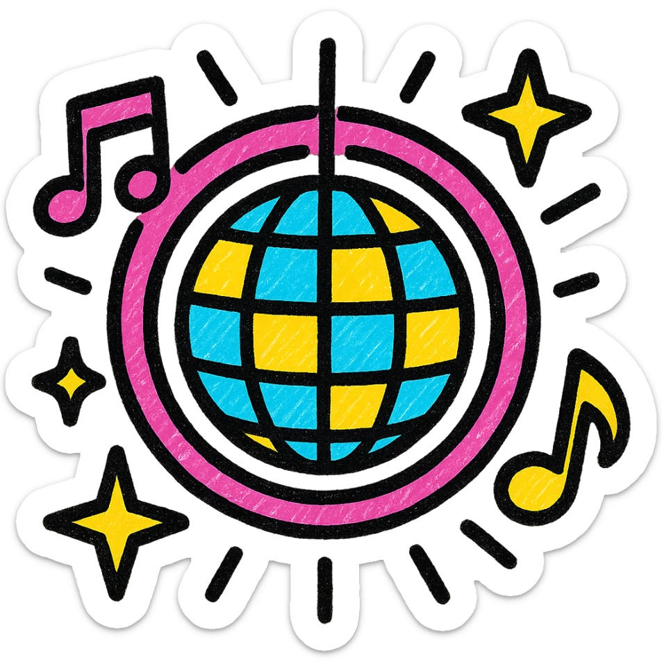 disco ball surrounded by pink lights and music symbols, capturing the glamorous and fun vibe of Eurovision sticker