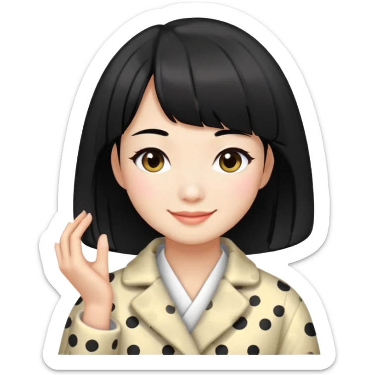 girl with black bob-cut hair, dotted coat, Chinese appearance, smiling, masseuse look sticker