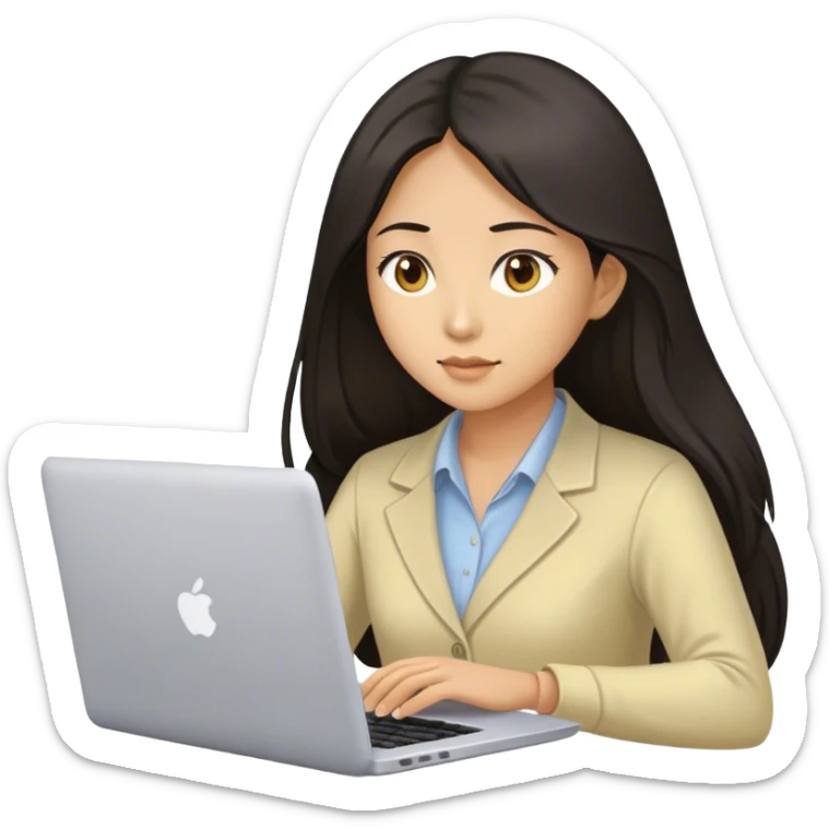 Long hair asian woman working on pale yellow laptop with brown eyes in meeting  sticker