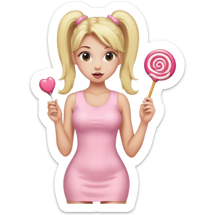 Beautiful woman with long blonde ponytails wearing light pink bodycon dress holding a lollipop sticker