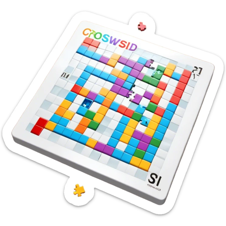 A photorealistic icon with a colorful, fragmented crossword magazine, a 3D puzzle, and a partially completed puzzle on a table. Bright, detailed design with realistic lighting. Transparent background, clearly symbolizing puzzles and brain games. sticker