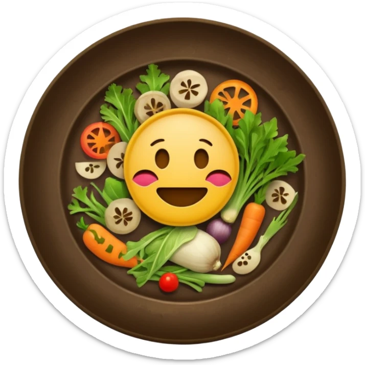 dirty plate after eating, food scraps and vegetable leftovers, no face, emoji style sticker