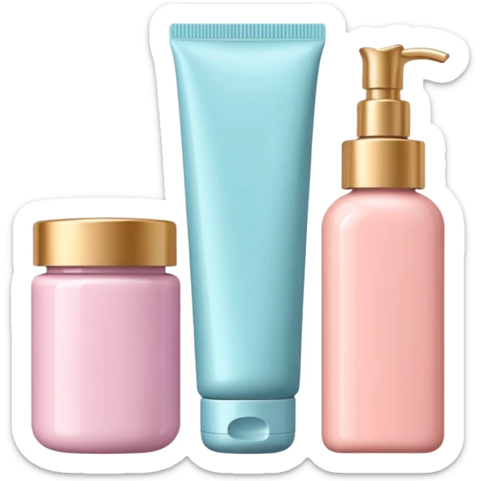 emoji of three different beauty products, with labels, minimalistic but luxury design (realistic), pastel colors sticker