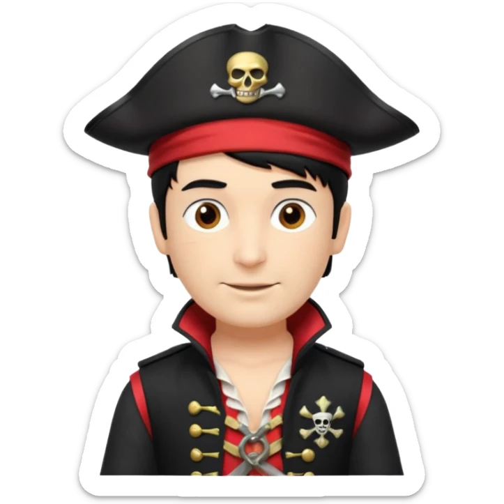 Captain Feathersword of The Wiggles with light skin, brown eyes, black hair, black pirate hat, white pirate shirt with red vest sticker
