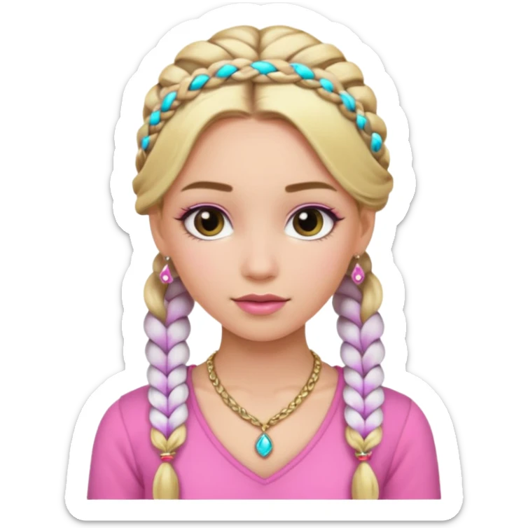 fancy blonde hair girl with braids pink outfit makeup and jewellery sticker