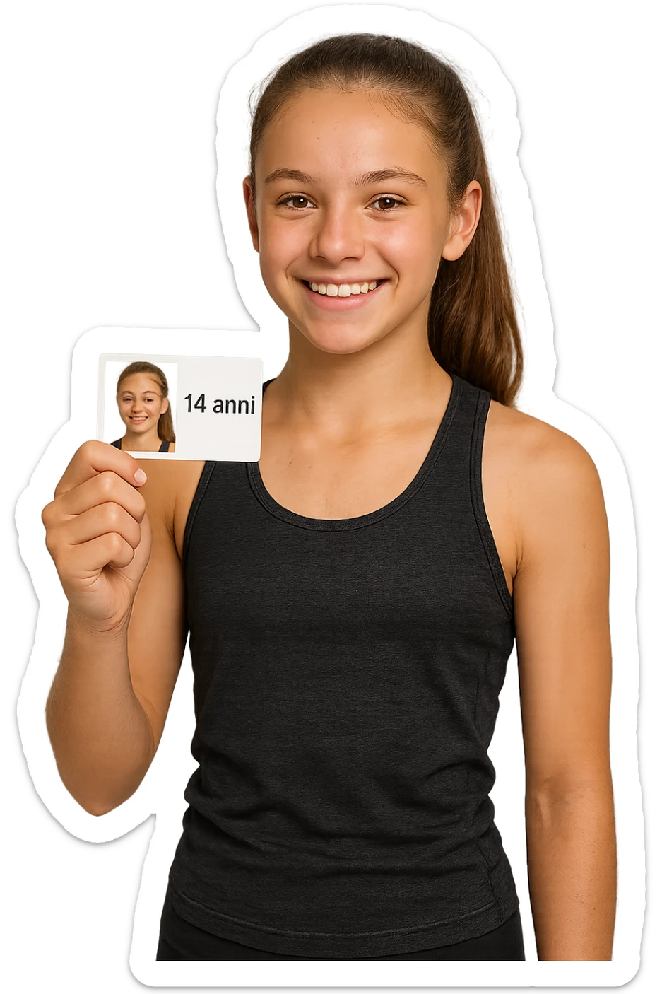 donna fitness di 14 anni, con in mano un documento di identità con la sua foto e la scritta 14 anni sticker
