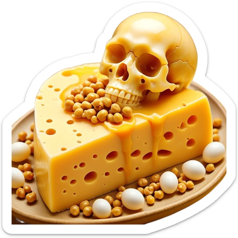 Ethereal pieces of aged cheese, golden egg yolk, and natto floating around a translucent glowing skeleton. Fine rays of golden light flow from the foods to the bones, where small locks open upon contact, guiding calcium like precision keys that prevent accumulation in arteries. sticker