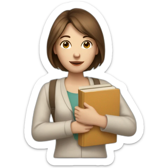 A pale woman with brown straight hair and a pile of books in her arms sticker