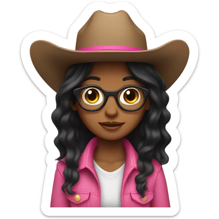 Girl with glasses and black long hair wearing a pink cowboy hat sticker