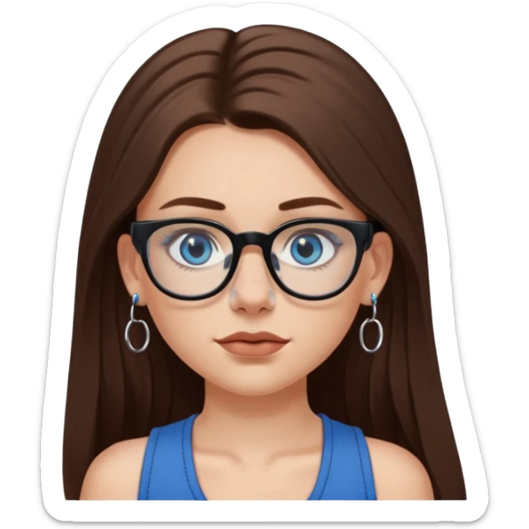 WHITE girl with long brown hair, part going more to the RIGHT side, BLUE eyes, wearing BLACK rectangle plastic frame glasses. SEPTUM nose piercing hoop (at bottom of nose) AND stud nose piercing on right side of nose. Wearing BLACK tank top. sticker