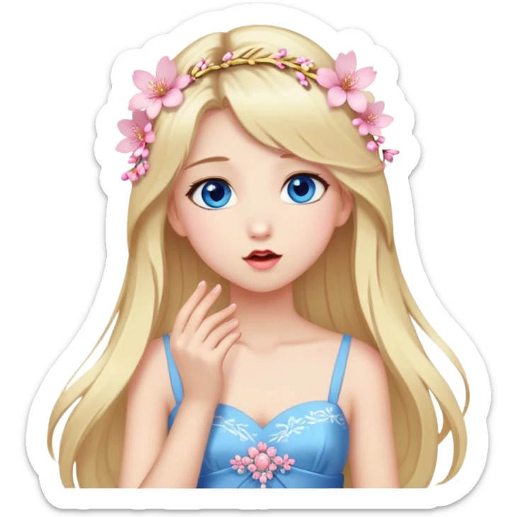 Girl with long blond hair and sakura accessories on her hair with a long dress and have blue eyes beautiful finish and she sending lovely kisses  sticker