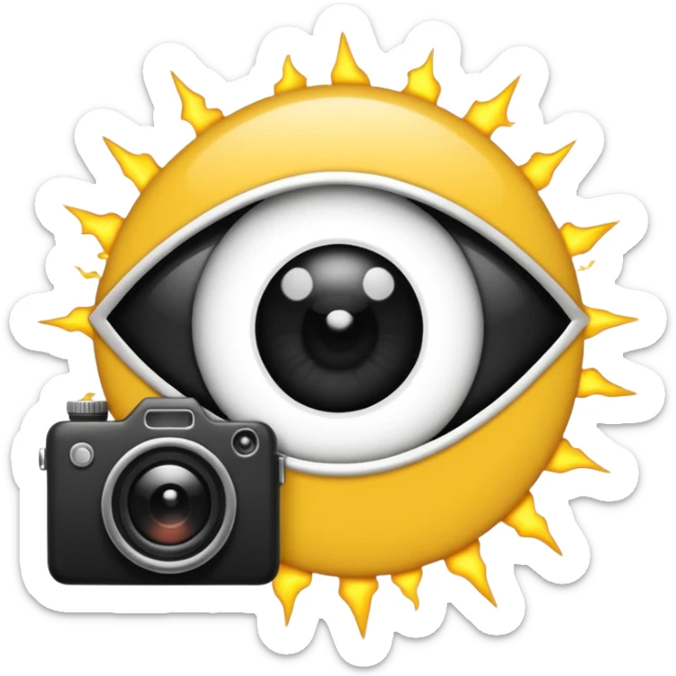 Minimalist emoji-style sticker of a wide open eye with a camera flash bursting into it. High contrast black and white with sharp lines. No gradients.
 sticker