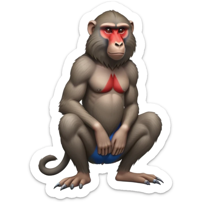 cinematic-baboon-realistic-full-body-sitting-emoji,-muscular-arms-resting-on-its-knees,-head-tilted-dramatically,-thick-grey-and-brown-fur,-bright-red-and-blue-muzzle-standing-out,-simplified-yet-realistic-focused-features,-highly-detailed,-glowing-with-an-almost-sarcastic-glow sticker