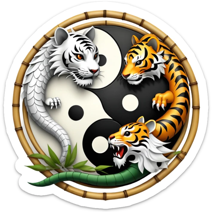 An icon symbolizing Eastern martial arts in the style of an emblem, with a black-and-white Yin-Yang symbol at the center. A dragon and a tiger are placed on either side, representing strength and wisdom. The design includes bamboo and traditional elements. Transparent background sticker