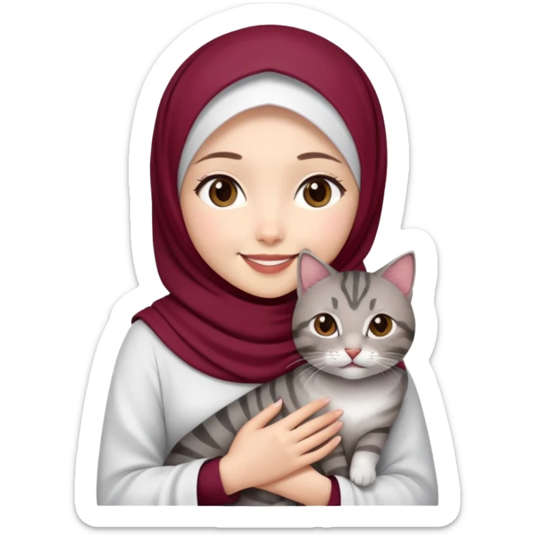 Asian White girl wearing maroon hijab wearing a white dress holding a black grey tabby cat while smiling.  sticker