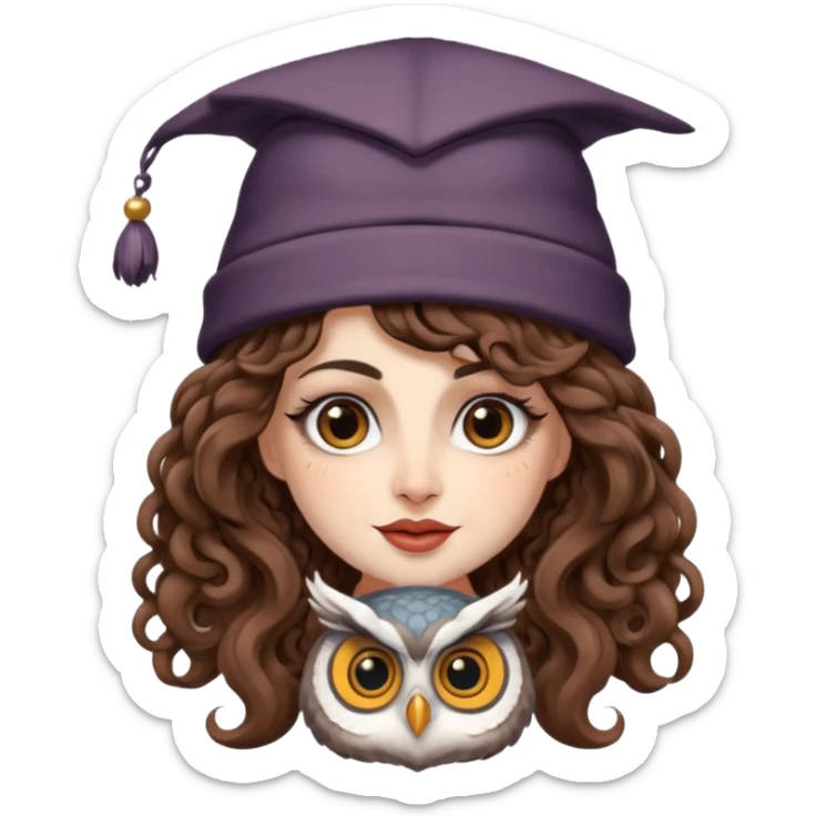 portrait woman long curly brown hair brown eyes white skin tattoos wearing owl hat oversized, playful wink sticker