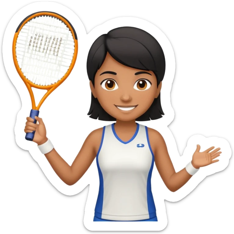 Chindian tennis coach, caramel brown, short straight hair, oval face, small eyes, big smile, wearing tennis outfit sticker