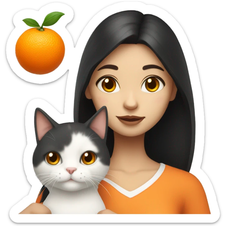 Girl with dark hair and white skin holding orange and white cat   sticker