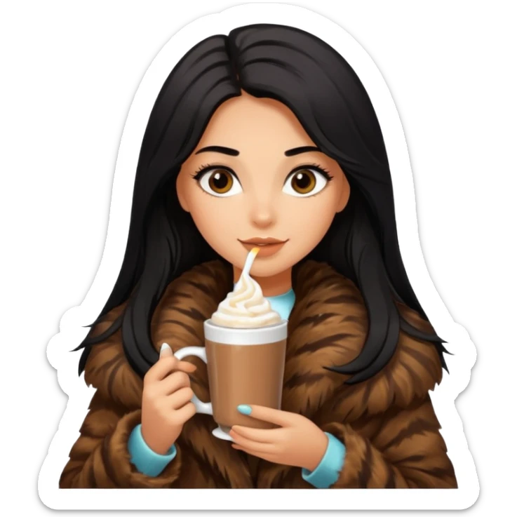 Tanned Girl with lashes , bright black long hair, in an extremely big fluffy brown fur mustang, and drinking hot chocolate drink sticker
