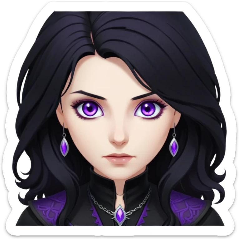 Yennefer from Witcher with long black hair, violet eyes, pale skin, wearing black clothes sticker