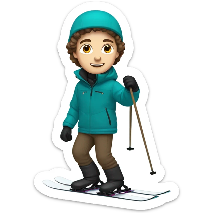 white Boy with wavy brown hair skiing on teal skis. He is wearing all black snow pants and a gray jacket   sticker