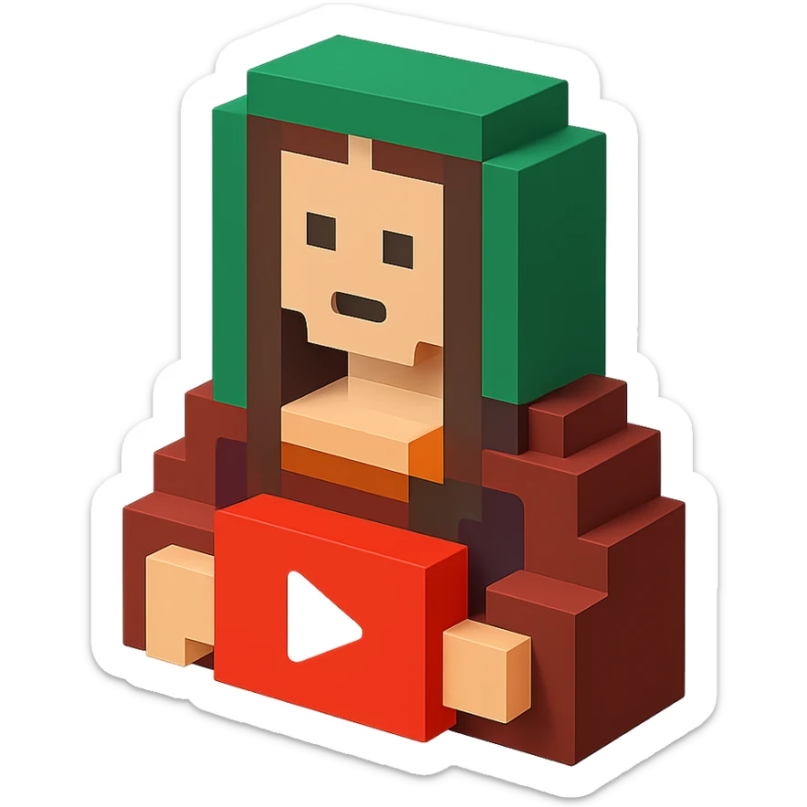 voxel-style Mona Lisa portrait holding a red YouTube play button, isometric view sticker