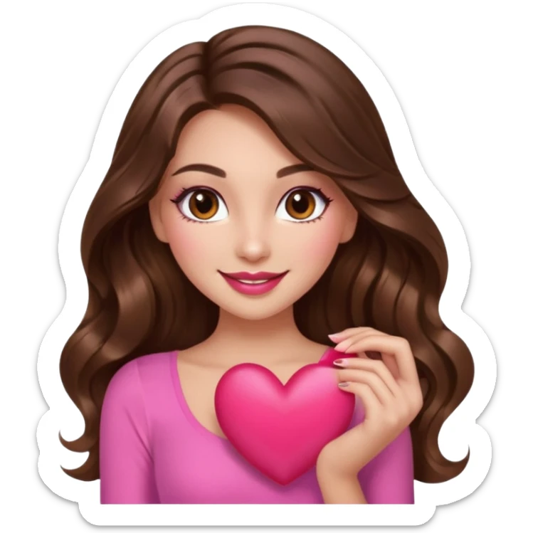 girl with long wavy brown hair, brown eyes, long lashes makeup, sexy pink lips, light to medium complexion, wearing a pink sexy top, smiling, holding a big heart sticker