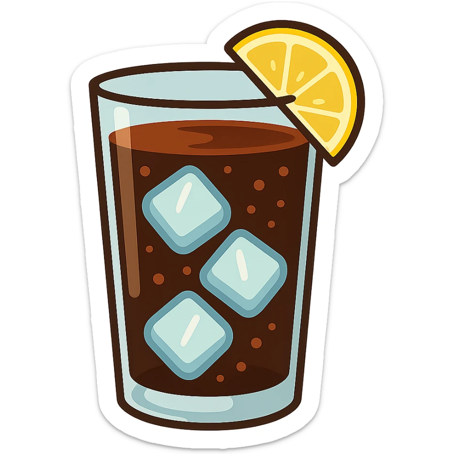 flat toon glass of cola with 3 ice cubes and a wedge of lemon sticker