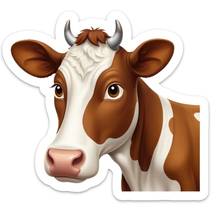 cinematic-noble-brown-and-white-cow-portrait-emoji,-poised-and-regal,-with-a-large,-sturdy-build-and-a-beautifully-patterned-hide-of-rich-brown-accented-by-crisp-white-patches,-deep-set-soulful-brown-eyes,-simplified-yet-sharp-and-sophisticated sticker