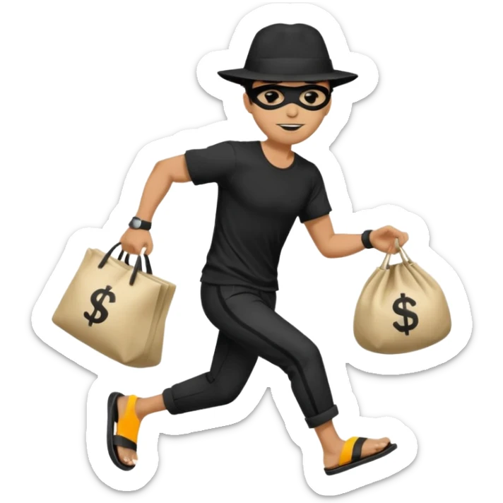 Make a man wear a black pant and he shirt is balck line and white line and wear a black hat and he holding a money bag and he running he wear a black eye thing no money in the Left hand and he yellow and the money bag in the right he wear a flip flop like this is Money bag 💰 NO MONEY sticker