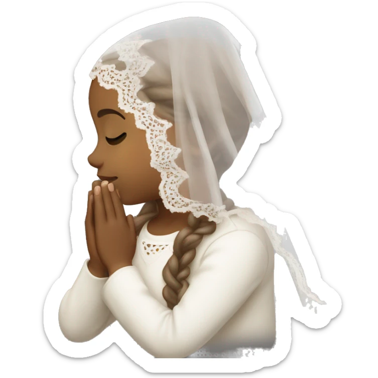 Light skin girl praying with eyes closed and lace white veil with brown boy sticker