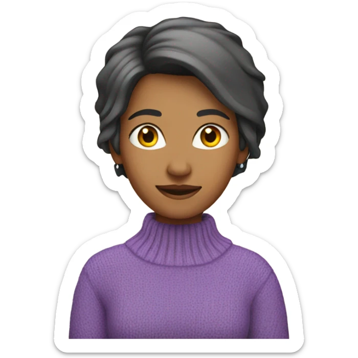 Indian Woman short hair to her ears, wearing a purple sweater, jeans a sticker