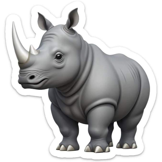 cinematic-rhino-full-body-standing-emoji,white horn, slate grey skin -massive-body-poised-powerfully,-thick-horn-curving-slightly-forward,-head-tilted-dramatically,-rough-grey-hide-covered-in-dust,-simplified-focused-features, sticker