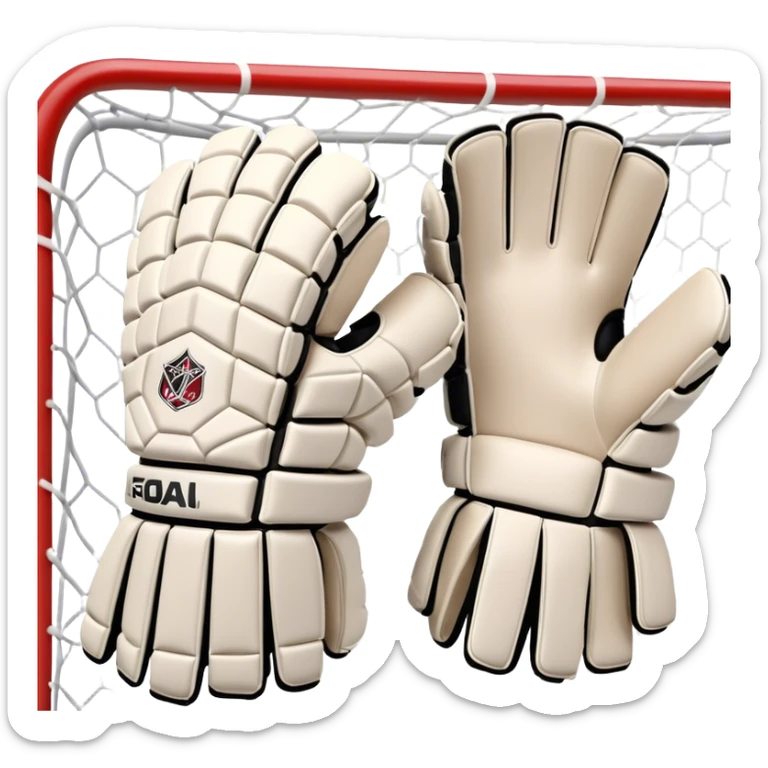 Cinematic Realistic image of goalie gloves showcasing detailed fabric textures and intricate grip patterns, rendered against a blurred goal backdrop with focused, high-contrast lighting that accentuates their essential design sticker