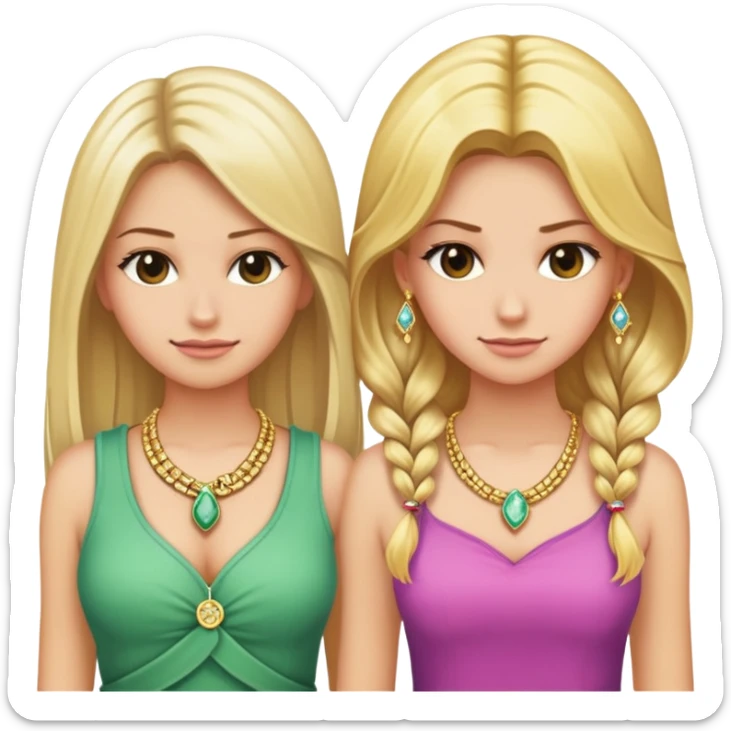 Two girls standing back to back. One girl has hair and clothing made of money, and nice jewelry on, but she is frowning. The other girl has beautiful blonde hair and pretty clothes and is smiling. sticker