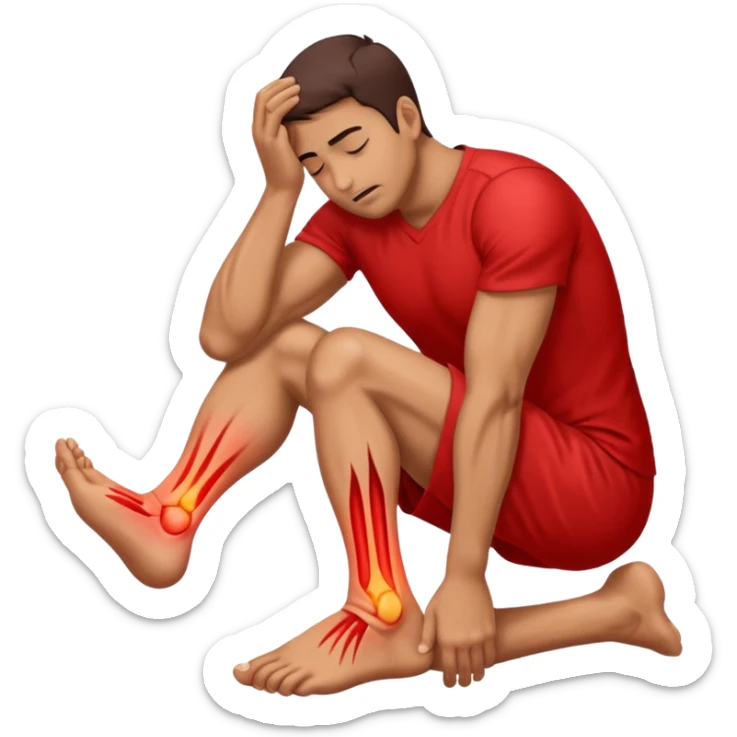 Man holding his foot in pain, muscle cramp in feet, red pain highlight on foot, simple medical emoji style, clean background sticker