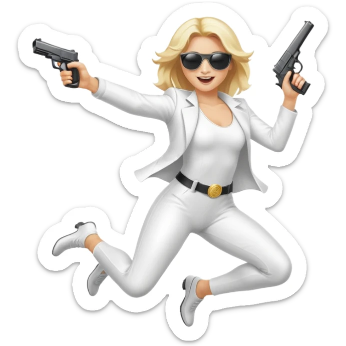 Mafia blondes woman Jumping for joy , in sunglasses, gun ,money , white costume  sticker