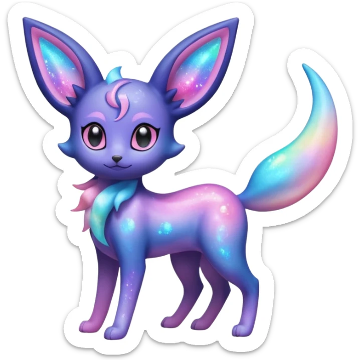 Shiny Iridescent Nebulae Espeon-Umbreon-Sylveon-Fakémon-hybrid-creature (full body)  with a galaxy-dust-flowing-gradient-tail sticker