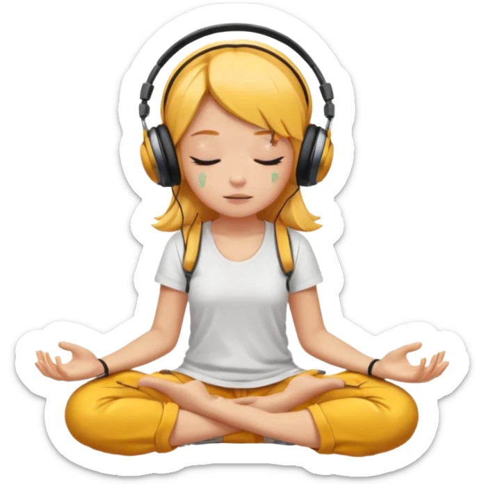 A girl is sitting cross-legged in a meditation pose, wearing headphones and listening to music. The song is so good that honey is dripping from her ears, and her expression is completely dazed because she’s enjoying the music so much. sticker