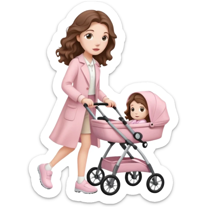 A white girl with long brown wavy hair in pale pink clothes walks with a stroller sticker