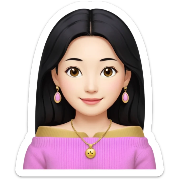 South Korean girl in her mid-thirties with long black hair and a middle part. She is wearing a baby pink, off the shoulder long sleeve knit sweater. She has small gold earrings and a gold necklace. She has brown eyes with narrow, mono lid shape and smiling with lips together sticker