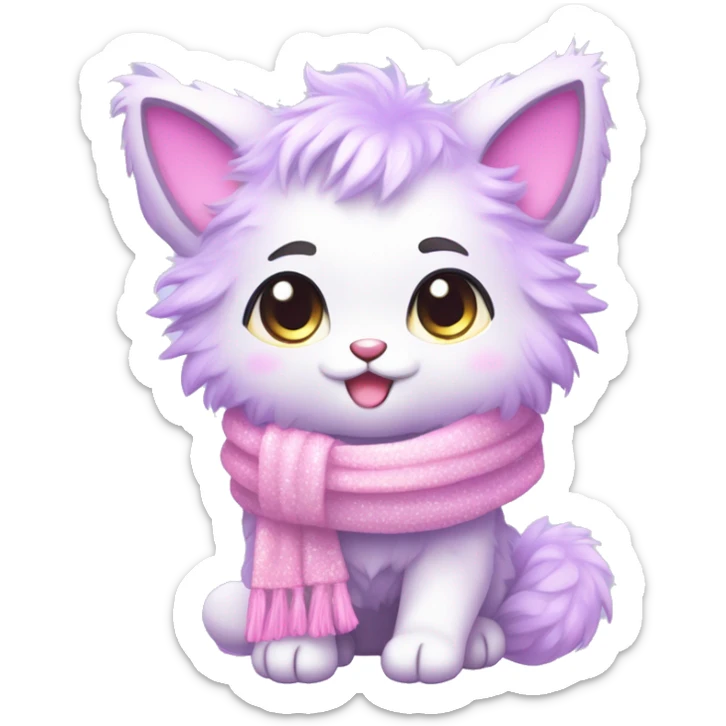 Edgy Kawaii cute gorgeous colorful sparkly bright light pastel lilac-pink-white-gradient fantasy ethereal fluffy fursona animal creature with a cute scarf full body sticker